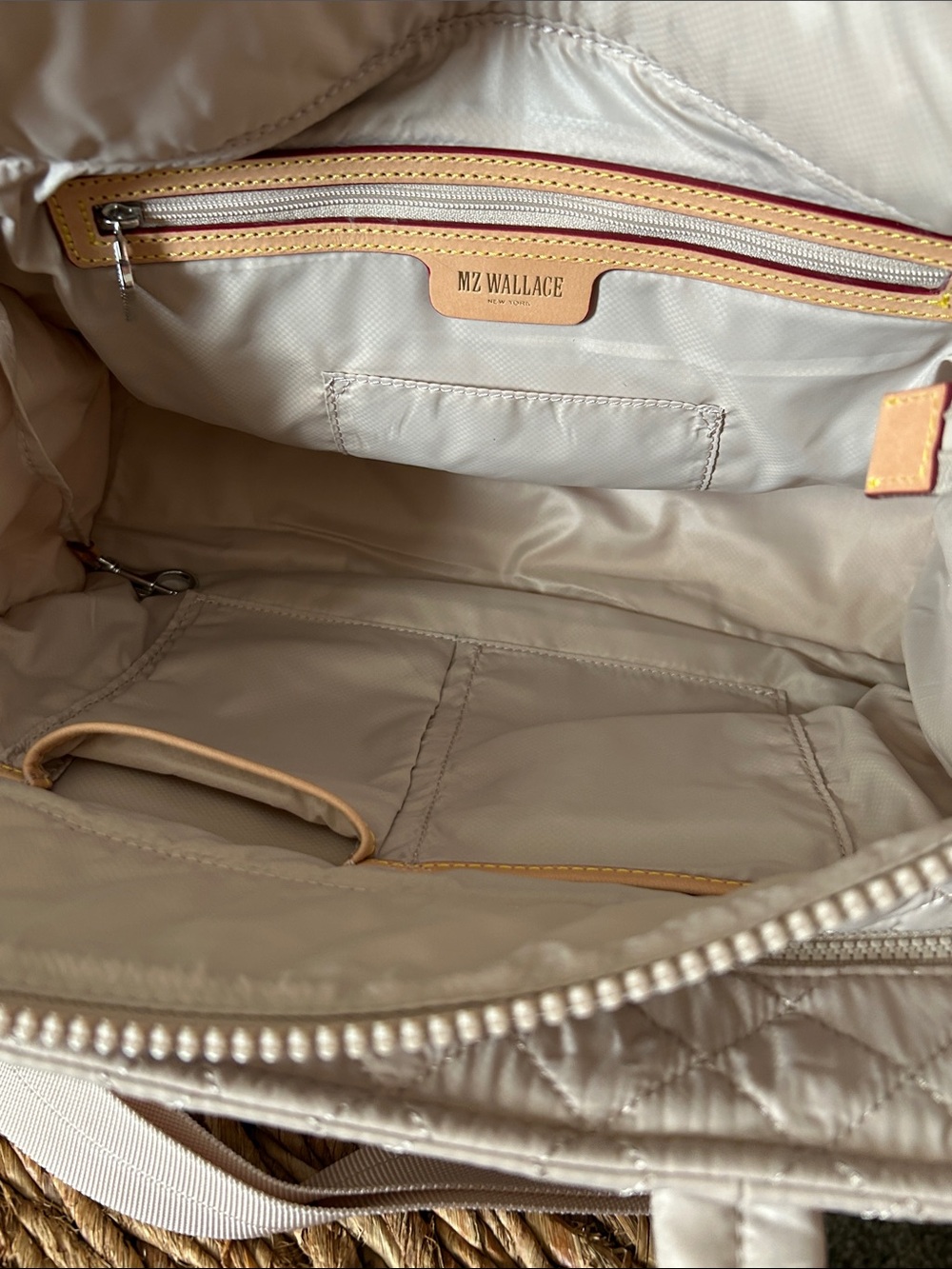 MZ Wallace Quilted Cream/Mushroom Box Tote with Detachable Strap - Picture 7 of 10